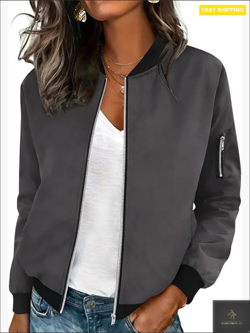 Lightweight Zip Up Bomber Jacket Trendy Work Casual Long Sleeve With Pockets